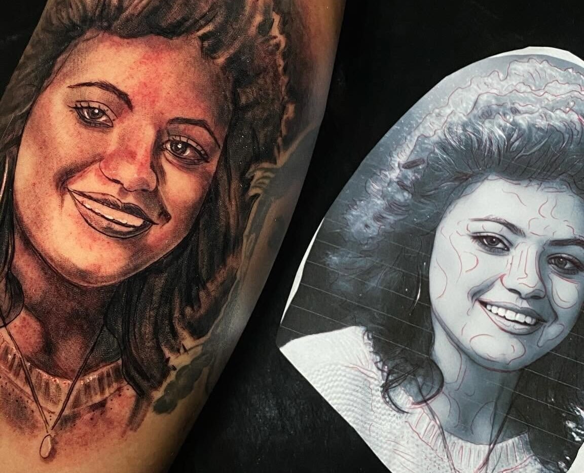 Black and grey memorial portrait tattoo shown beside the original photograph it was drawn from