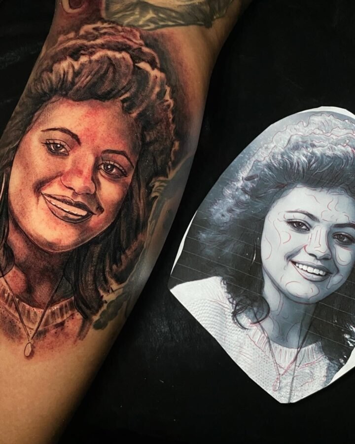 Black and grey memorial portrait tattoo shown beside the original photograph it was drawn from